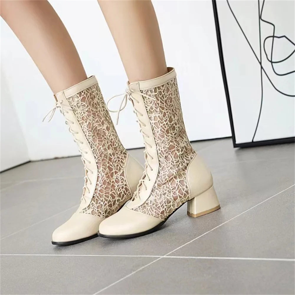 New Arrivals Big Size 43 Fashion White Lace Summer Boots Women Chic Black Square Med Heels Lace-up Mid-calf Boots Wedding Shoes