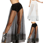 High Waist Pleated Lace Mesh Yarn Skirt Sexy Perspective Skirt Elastic Shiny Rhinestones Decor Maxi Skirt Nightclub Daily Wear