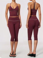 Summer Color Blocking Yoga Suit Women Tracksuit Hanging Neck V Neck Slim Sports Vest Tight Hip Lifting Capri Pants Fitness Sets