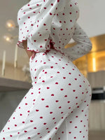 Autumn Winter Pajama Set Women 2pcs Y2K-Style Cherry Print Cuffed-Long-Sleeve Tops and Long Trousers Sleepwear Homewear