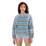 Loose Knitted Tops Women Contrast Color Stripe Floral Print Long Sleeve Pullovers Fall Winter Casual Jumpers