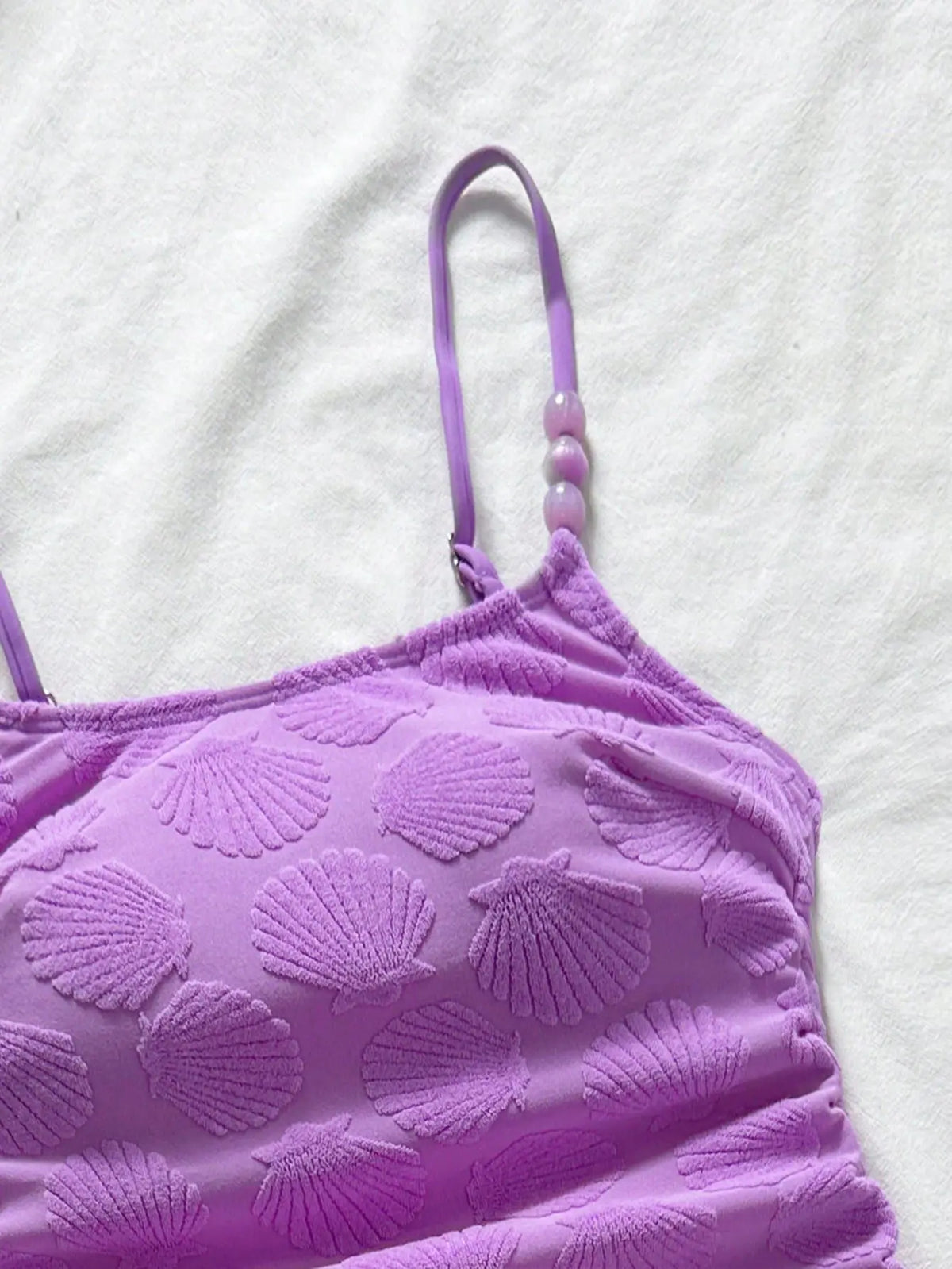 Sexy Purple Shell Print One Piece Swimsuit 2026 Women Pearls Strap Drawstring Side Tummy Control Holiday Bathing Suit Swimwear
