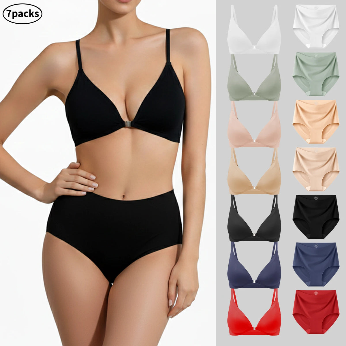 7pcs Bra and Panty Set Women's Lingerie Seamless Push-Up Wireless Bras with Removable Padding Basic Everyday T-Shirt Lingerie