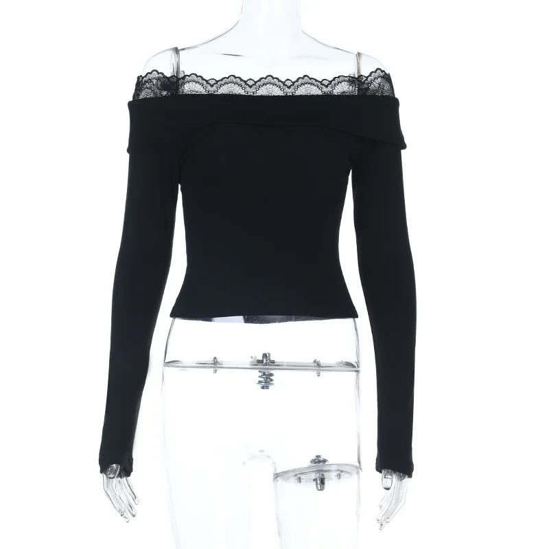 Y2K Streetwear Lace Long-Sleeve Off-Shoulder Top for Women American Style Slim-Fit Hot Girl T-Shirt Lady Spring Autumn Outfit