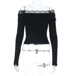 Y2K Streetwear Lace Long-Sleeve Off-Shoulder Top for Women American Style Slim-Fit Hot Girl T-Shirt Lady Spring Autumn Outfit
