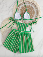 New Retro 3 Pieces Knitted Mesh String Bikini Set Swimsuit Women Blue Striped Swimwear with Shorts Beach Wear Boho Bathing Suit