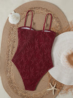 2026 Vintage Coffee Leaves Print One Piece Swimsuit Women Beaded String Hollow Out Backless Mesh Slim Fit Tummy Control Swimwear