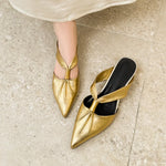 2026 Summer New Brand Women Slipper Fashion Pointed Toe Slip On Slides Low Heel Ladies Elegant Mules Sandals Top qualityGold