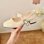 2026 Floral Rose Women Mary Jane Shoes Fashion Buckle Strap Thick Heel Shoes Ladies Elegant Daily Wedding Leather Dress Pumps