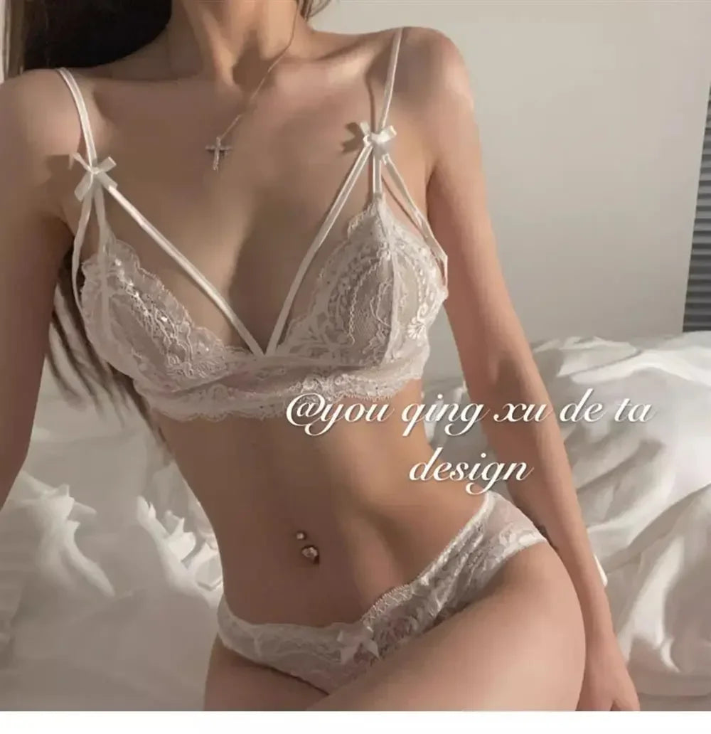 MOYISUFrench Ultra Fina Sexy Tushy Conjunto Encaje Sin Aro Sensual Transparente Bralette Pantaleta Ajuste Perfecto Talla S-XL