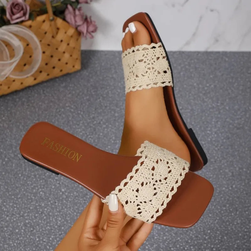 Summer Lace Women Slippers Elegant Hollow-out Ladies Fashion Causal Slip-on Shoes Outdoor Versatile Women Open-toe Flat Slippers