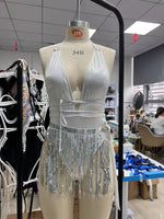New Shiny One Piece Swimsuit Sexy White Snakeskin Print Deep V Neck Swimwear Backless Bathing Suit Sequin Tassel Skirt Monokini