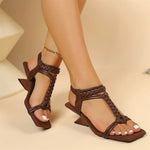 Vintage Square Toe Braided T-Strap Sandals Women Big Size 42 Sculptural Wedge Heel Ankle Wrap Summer Fashion Dress Sandals Shoes