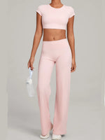 Women's Tracksuit Yoga Sets Back Hollow Out Short Sleeve Sports Shirts High Waist Straight Leg Pants Gym Running Fitness Suits
