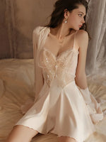 2pcs Sexy Low Cut Gathered Chest Pad Mesh See through Backless Plus Size Nightgown Robe Home Wear Set Translucent Nightdress