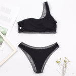 Fashion Single Shoulder Women Bikinis Set Female Shinning High Waist Swimsuit Swimwear Woman Solid Glitter Beach Bathing Suit