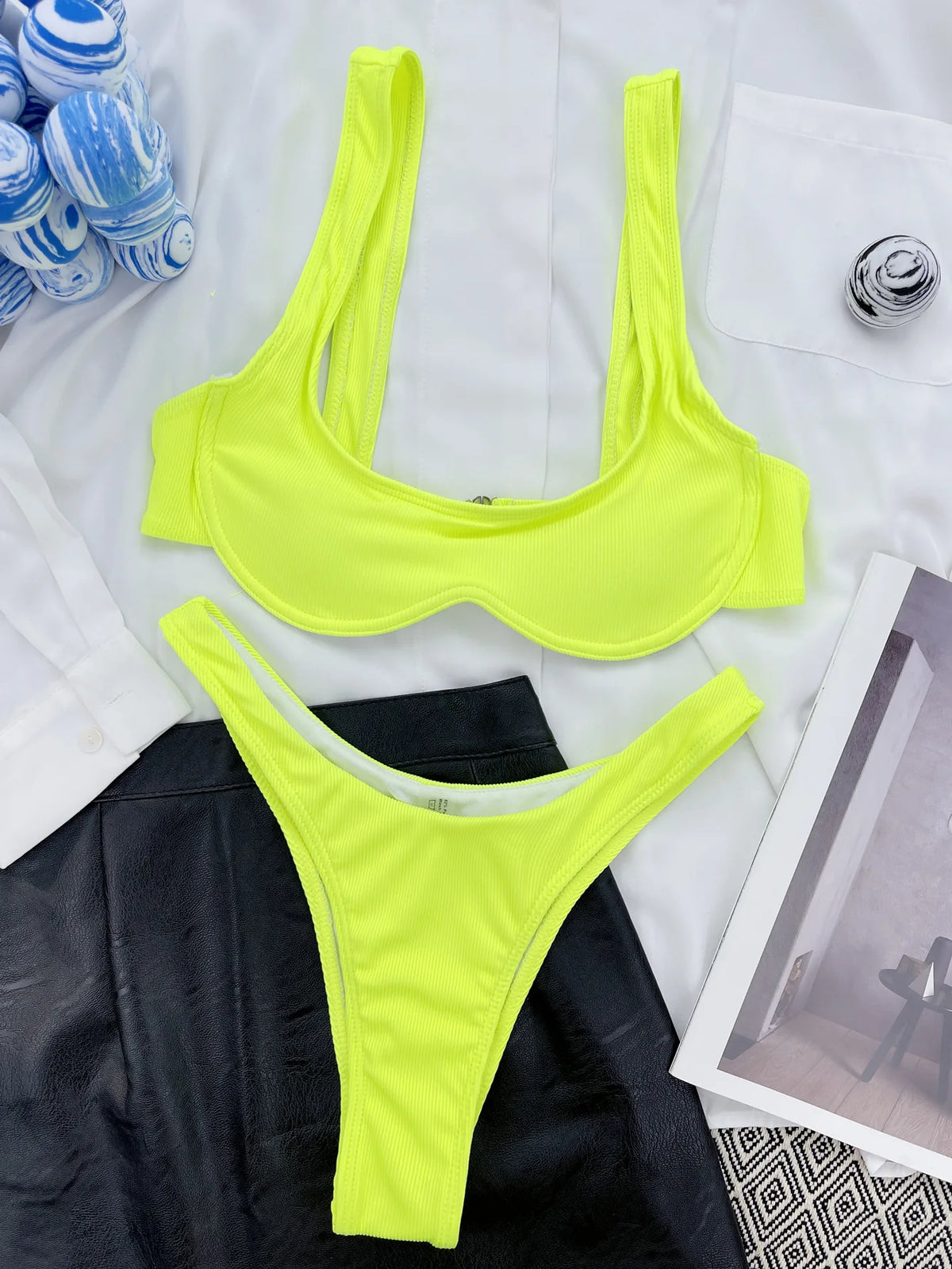 DEKA Brazilian Underwire Bikini Set Women Solid Triangle Neon Pink Swimwear Bandage Backless Swimsuit Beachwear Biquini