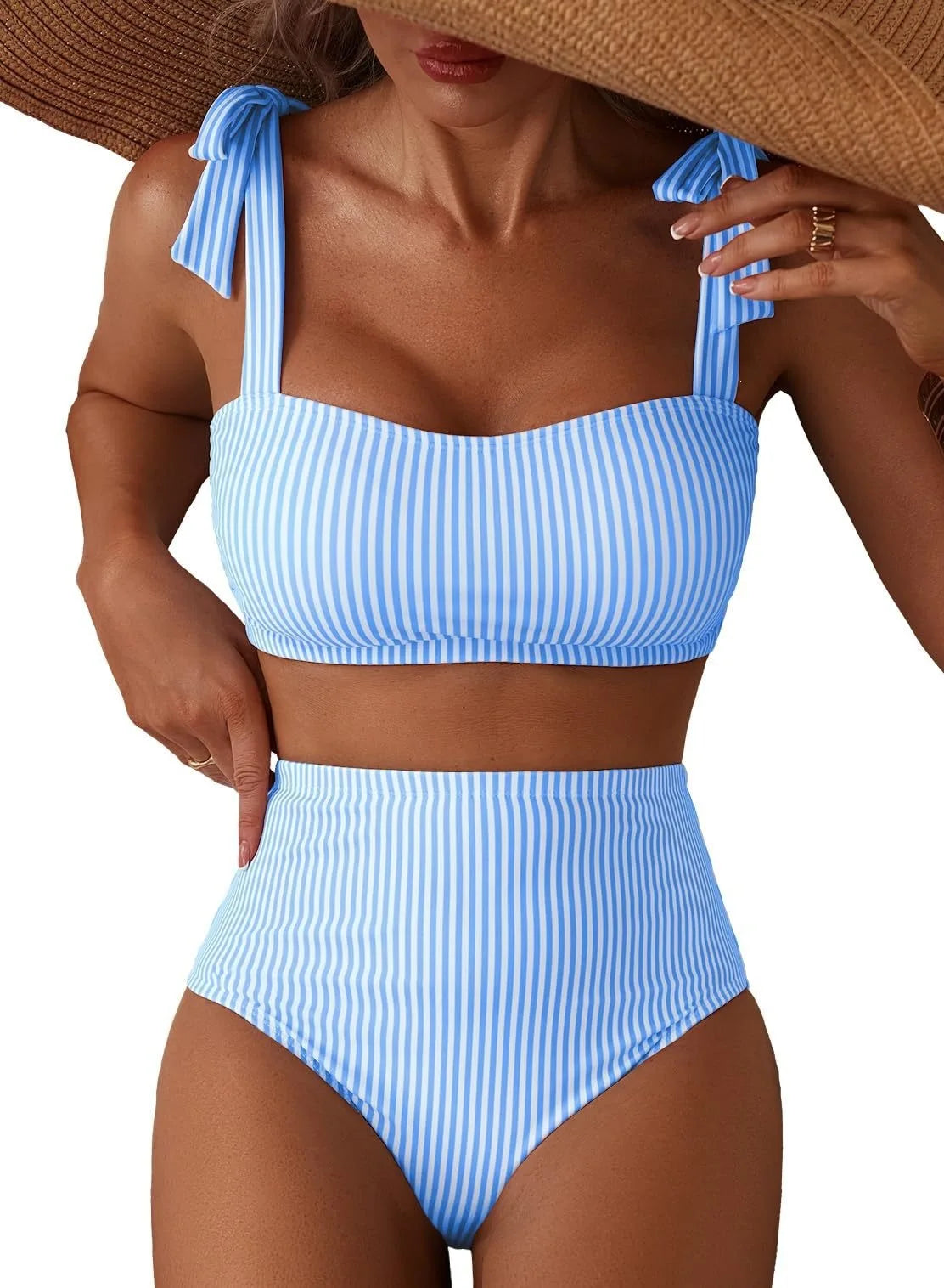 Striped Bikini Women Sexy High Waist Split Swimsuit Lace Up Bikini Set Summer Two-piece Beachwear Bathing Suit Thong Biquinis