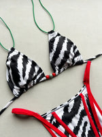 Sexy Red Zebra Print Contrast Bikini Set 2026 Women Double Strap Push Up Bra Bandage Thong Swimwear Bathing Suit Micro Swimsuit