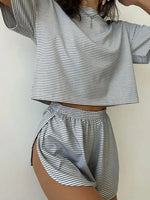 2026 New Women's Striped Pajama Set Summer Short-Sleeved T-Shirt and Shorts 2-Piece Set Home Wear Casual Loose Round Neck Pajama