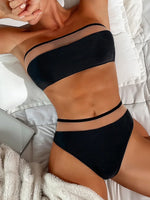 Bandeau Splicing Black Mesh Sheer Mid Waist Bikini Female Swimsuit Women Swimwear Two-pieces Bikini set Bather Bathing Suit Swim