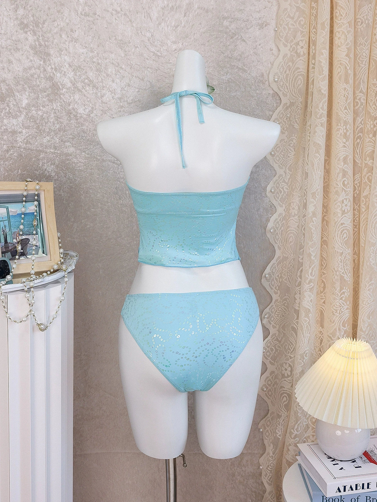 DEKA Women Blue Ruffled Tankini 2-Piece Swimsuit with Starfish Metal Halter Neck Top & High Waist Bottom Children Bathing Suits