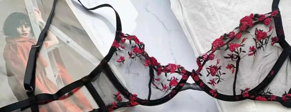 French Floral Bra Set Women | Sweet Sexy Sheer Mesh Lace, Transparent Underwear Set | Practical & Feminine MOYISU Sexy Panty Set