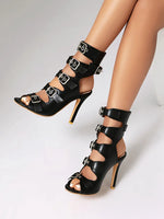 Fashion Buckle Women's Sandals Summer Shoes 2025 Sexy Cut-outs High Heels Black Peep Toe Footwear Party Office Dance Shoes Girls
