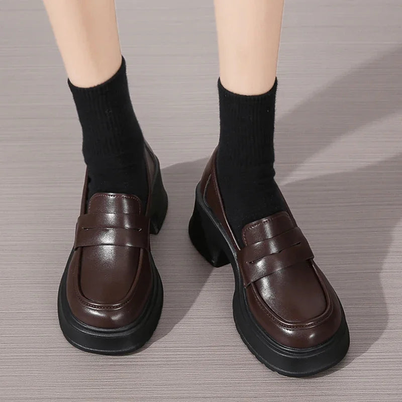 Brown Pu Leather Platform Loafers for Women British Style Round Toe Thick Heel Pumps Woman Slip On High Heels Office Shoes Lady