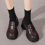 Brown Pu Leather Platform Loafers for Women British Style Round Toe Thick Heel Pumps Woman Slip On High Heels Office Shoes Lady