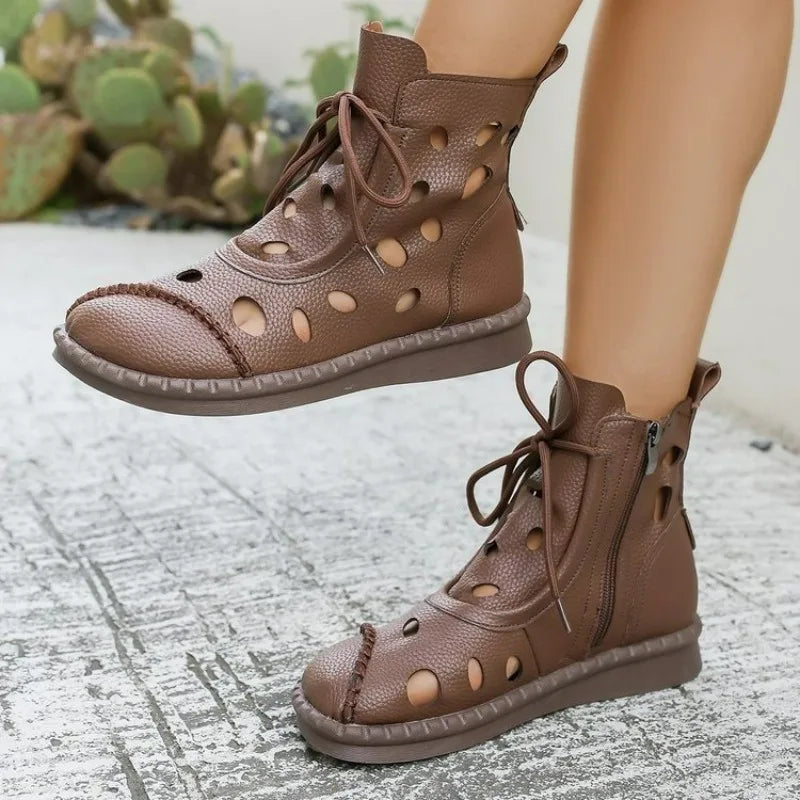 New 2026 Women's Casual Cool Boots Spring Summer Hollow Breathable Soft-soled Comfortable Flat-bottomed Short Boots