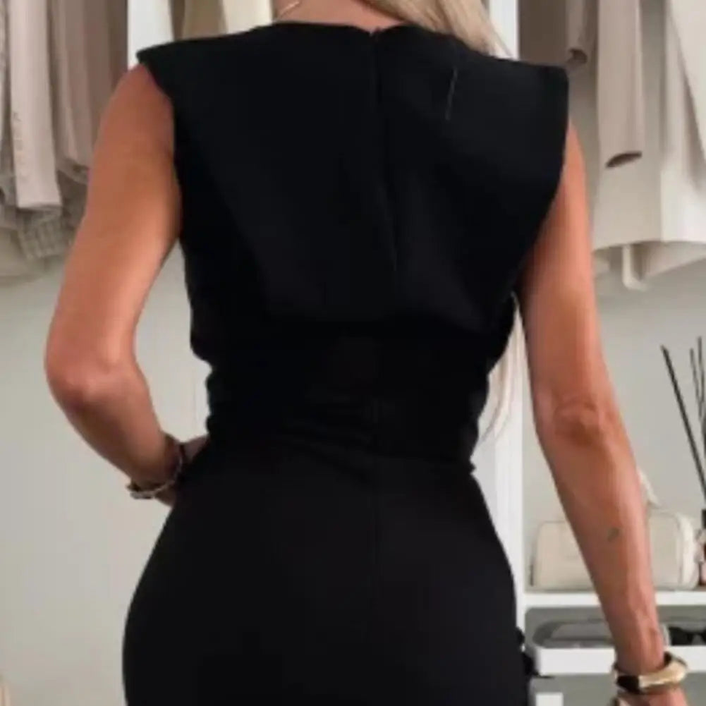 Summer Women Dress Sleeveless Round Neck Slim Fit Dress with Slit Design Midi Dress Women's Clothing Evening Party Clubwear