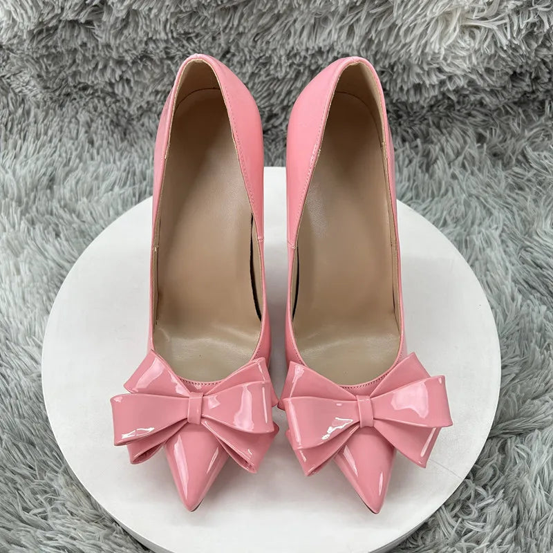 Pink Patent Leather Bow Pumps Women Pointed Toe Stiletto High Heels Elegant Wedding Party Dress Shoes Ladies Formal Evening Pump