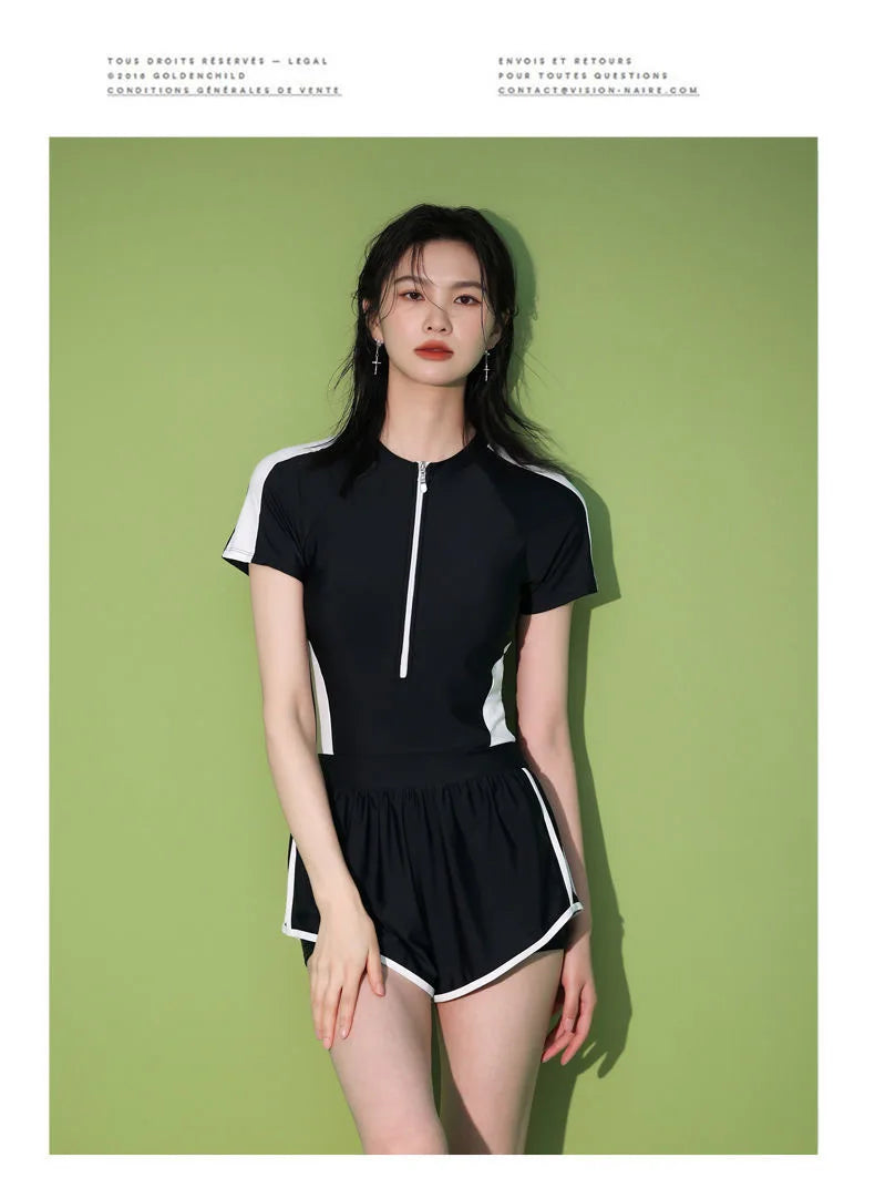 New Women's Swimsuit, One-piece Coverage Slimming EffectConservative Sports Style Hot Spring Flat Leg Pants Swimsuit Plus Size