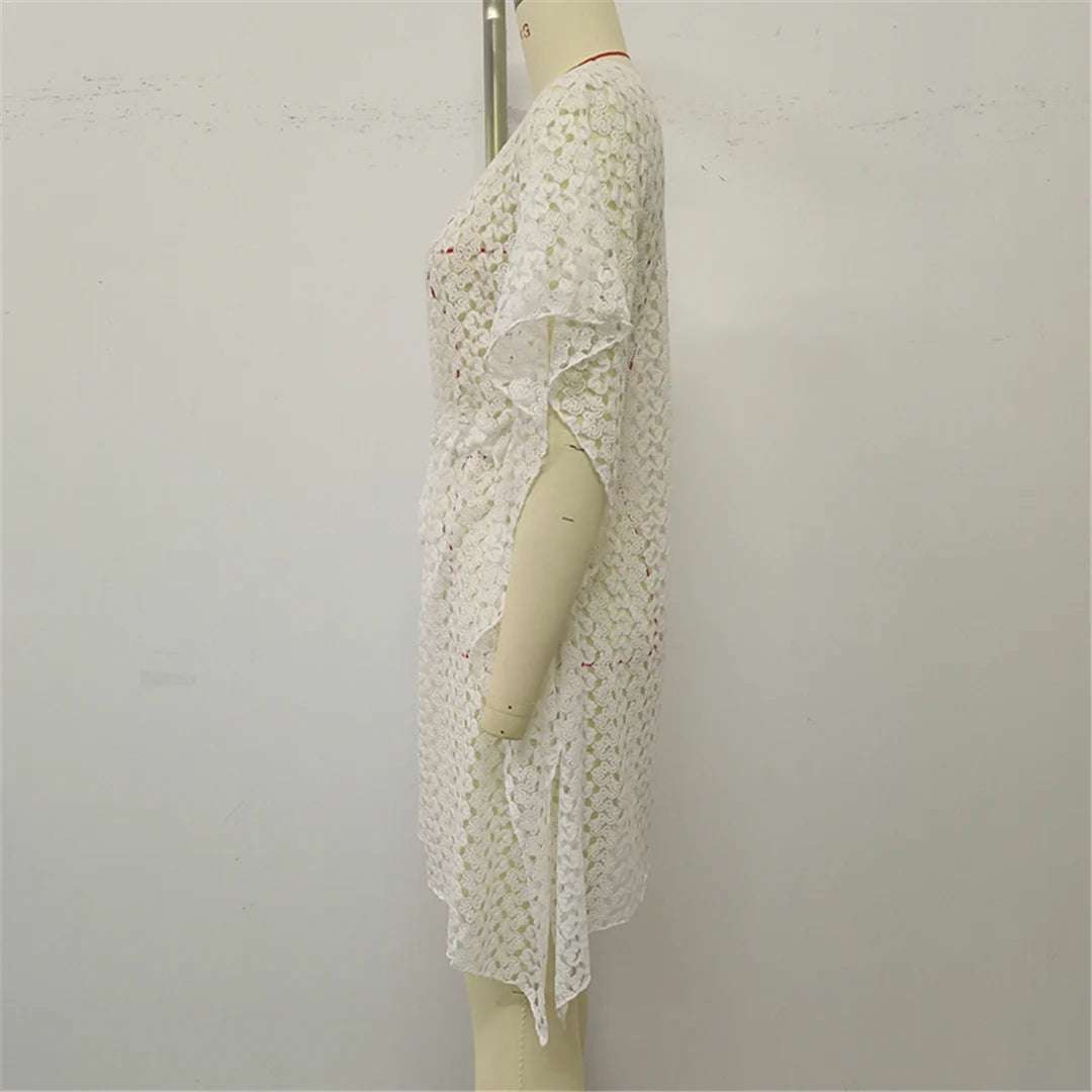 2025 V Neck Short Sleeve Hollow Out Knitted Tunic Beach Cover Up Cover-ups Beach Dress Beach Wear Beachwear Female Women K6535