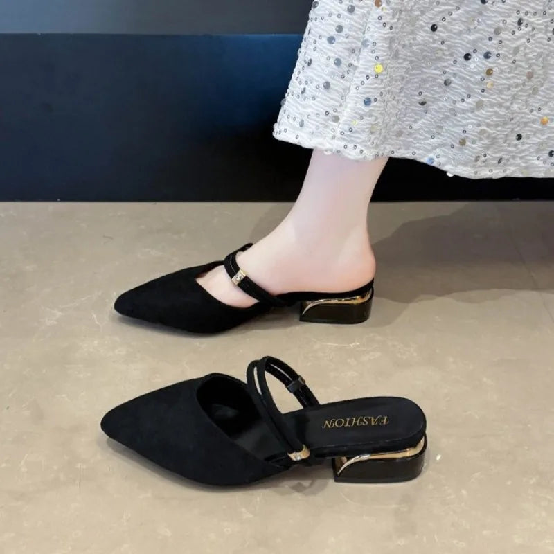 Sandals for Woman Chunky Pointed Toe Footwear Summer 2026 Thick Heel Block HighPumps Women's Shoes Slippers