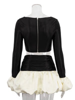 FDYOUI Sexy Flare Sleeve Super-short Zipper Tops+Pleated Skirts 2 Piece Set Women Patchwork Black Ball Gown Evening Party Dress
