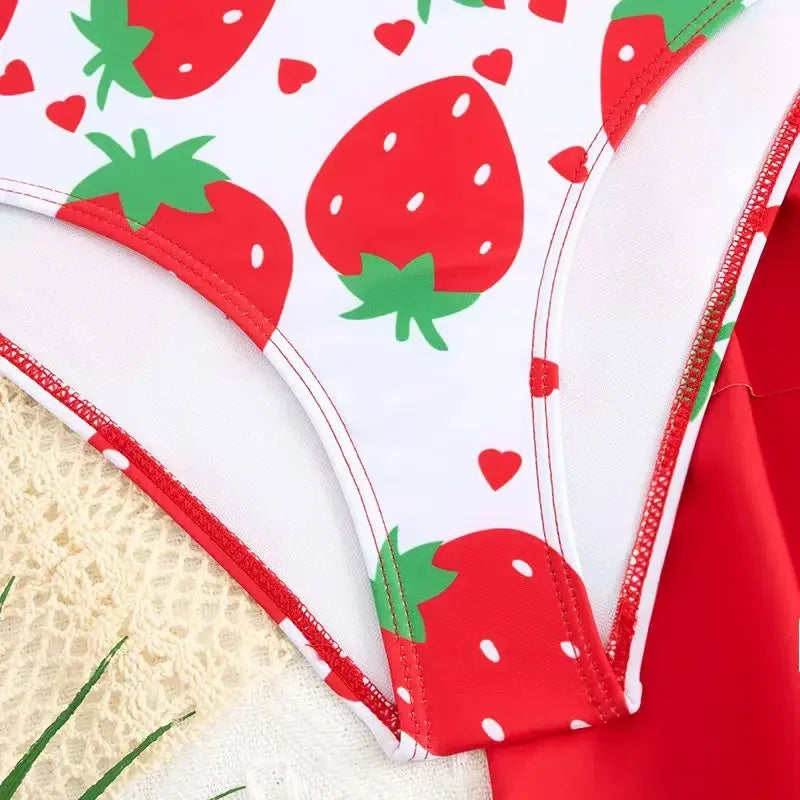 Kids Girls 2-Piece Strawberry Print One Piece Swimsuit & Beach Sarong Cover Up Ruffle Skirts Set 8-12 Years Children's Swimwear