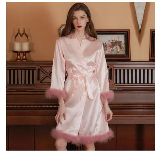 Satin Feather Patchwork Bride Bridesmaid Robe Sexy Kimono Bathrobe Gown Casual Sleepwear Intimate Lingerie Female Nightgown