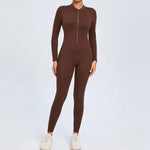 Women's Seamless Yoga Bodysuit Long Sleeve Zipper & Back Cutout Naked Feeling Quick-Dry Running Fitness Workout Jumpsuit