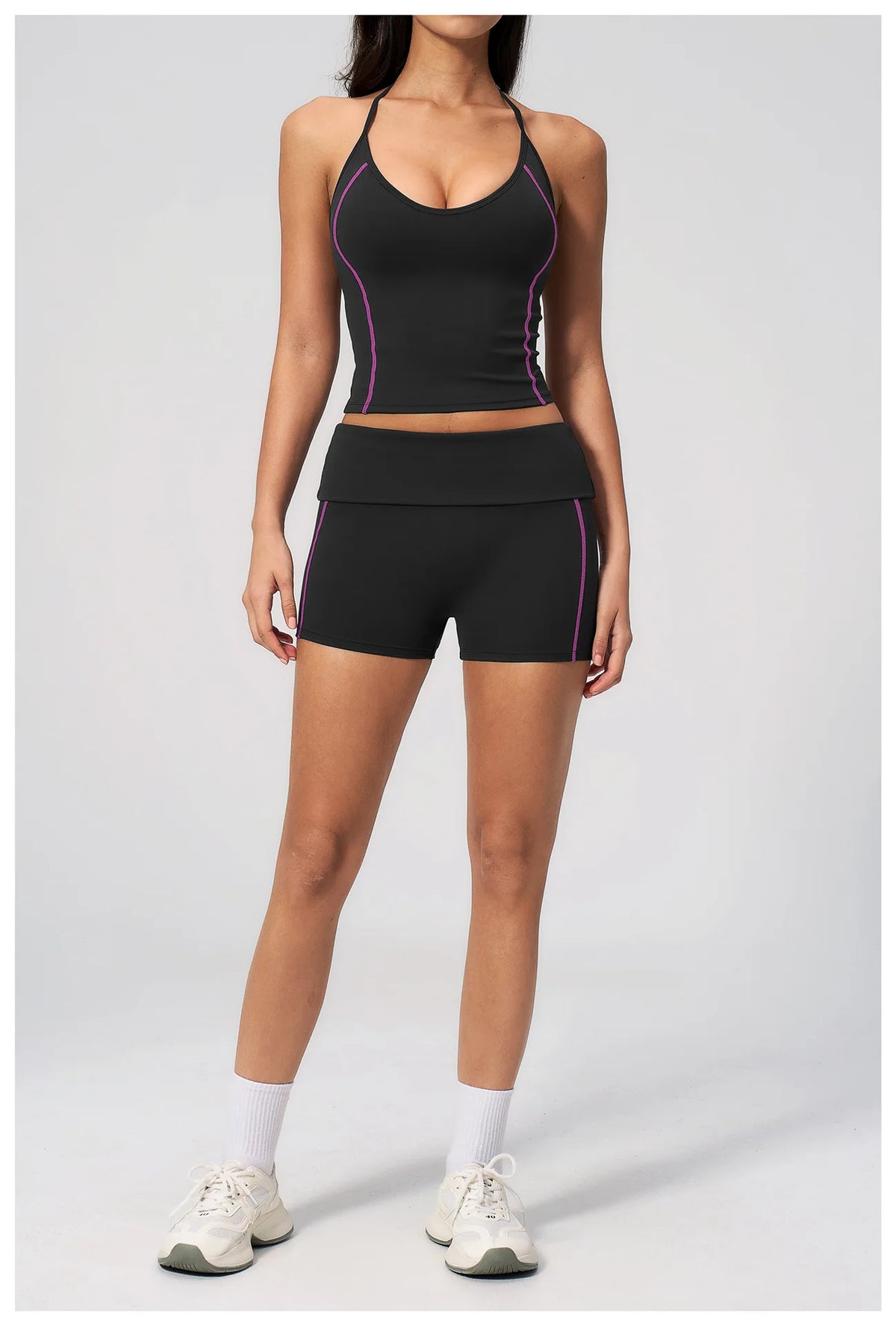 2PCS Women Yoga Sets Color Contrast Hanging Neck V Neck Slimming Sports Tank Top Flip High Waist Shorts Gym Running Fitness Suit