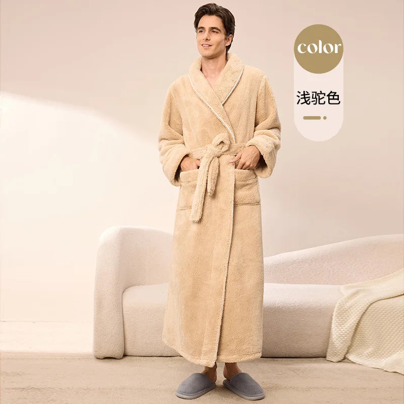 Thick Cozy Fleece Couple Bathrobe, Men Women Long Warm Loungewear, Autumn Winter Flannel Plus Size Robe Pajamas