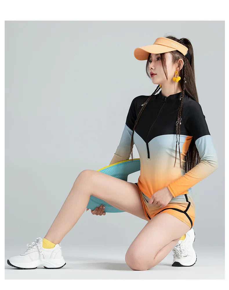 Long Sleeve Rash Guard Women Colorblock Two Piece Swimsuit Crop Top Swimwear High Neck Bathing Suits Zipper Surfing Suits Shorts