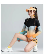 Long Sleeve Rash Guard Women Colorblock Two Piece Swimsuit Crop Top Swimwear High Neck Bathing Suits Zipper Surfing Suits Shorts