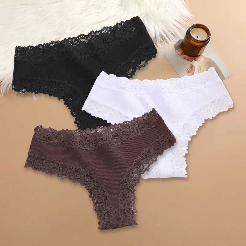 3Pcs Sexy Women Cotton Brazilian Pants Lace Brazilian Briefs Low Waist Floral Solid Color G-string Breathable Soft Lingerie