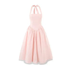 French Style Backless Cross-strap Halter Neck Dress For Women With Hard Mesh Panels Waist-cinching Pleated Large Hem Casual FYR0