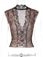 FDYOUI Women's Deep V-neck Lace Patchwork Mesh T-shirts 2026 Summer Sexy Sleeveless Buttons Leopard Tops Tee Shirt Streetwear