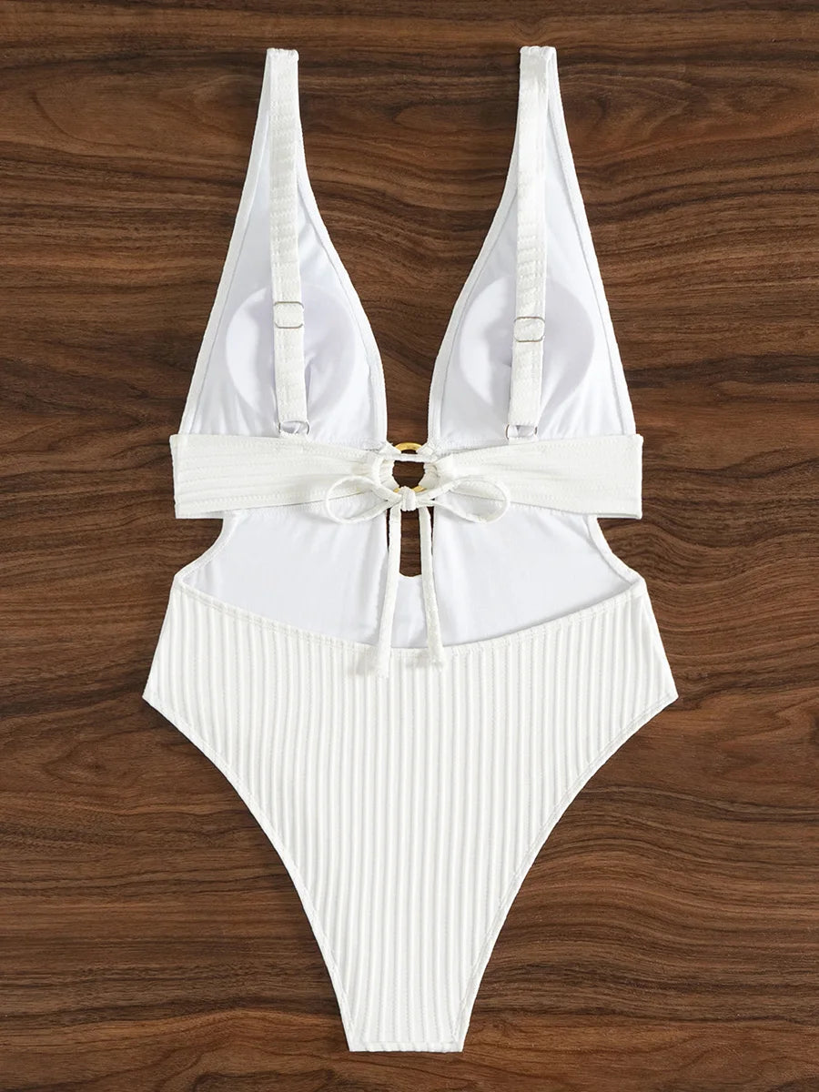 Deep V Neck Cut Out Women Swimwear One Piece Swimsuit Female High Leg Cut Monokini Bather Backless Bathing Suit Swim Beachwear
