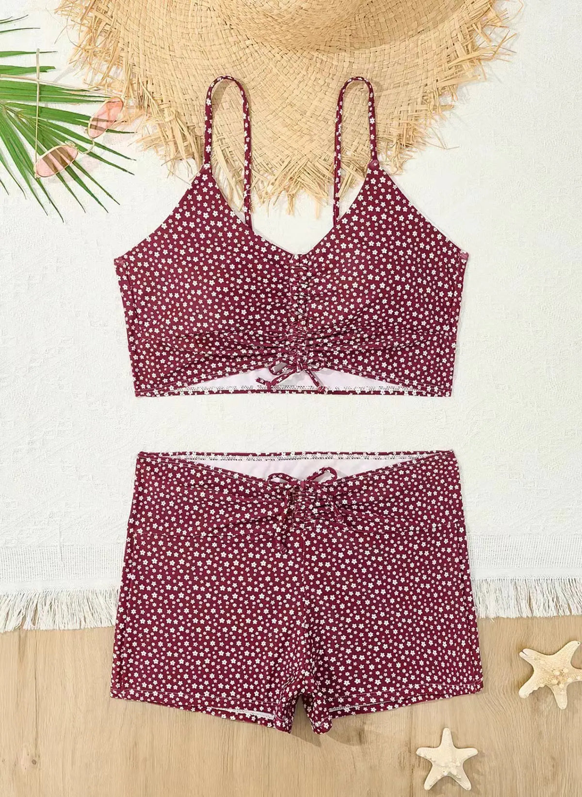 High Waist Bikini Swimsuit Women 2024 Floral Print Swim Suits Drawstring Front Shorts Boxers Swimwear Trunks Pool Bathing Suit