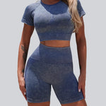 New Women's Yoga Sets Sports Fitness Tight Stonewash High-Waisted Hip-Lifting Shorts Suits Workout Gym Running Training Sets